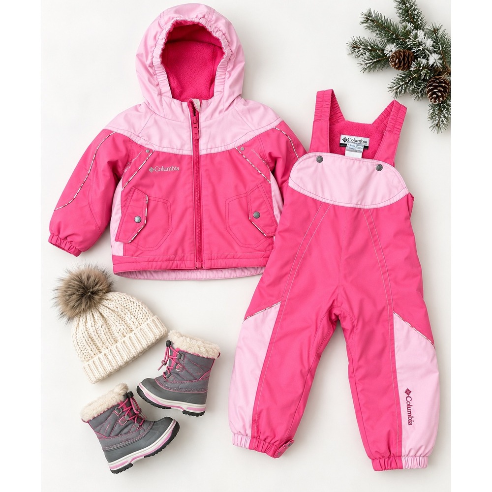 Columbia Pink 2-Piece Snow Suit Hooded Jacket and Bib Overalls Infant 24 Months